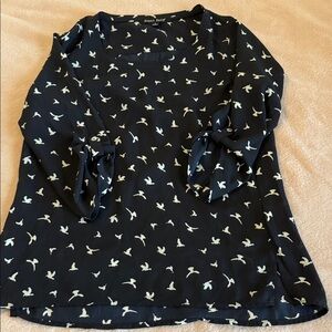 Sweet Rain Dark Blue Bird Pattern Blouse